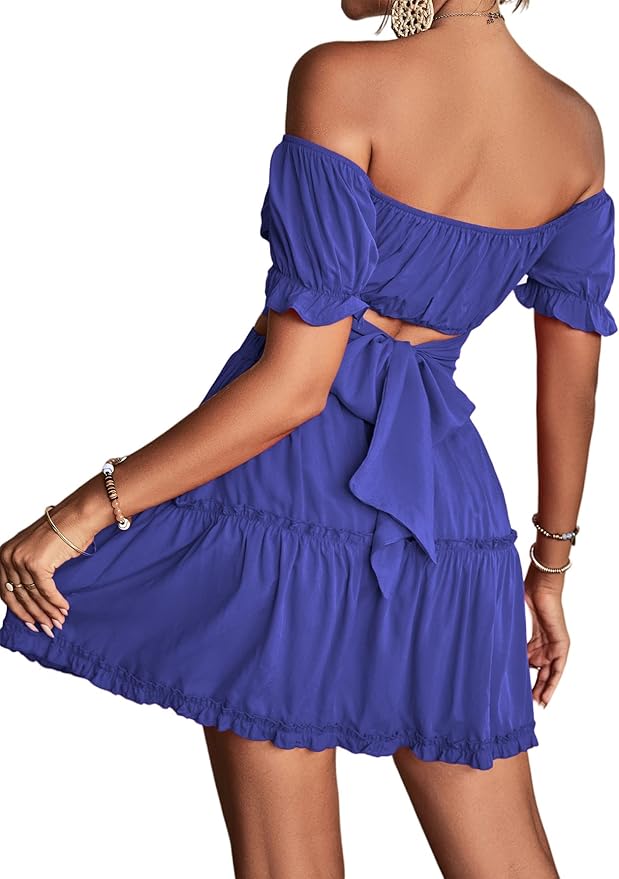 LYANER Women's 2 Piece Outfits Floral Off Shoulder Tie Up Crop Top and Mini Skirt Set