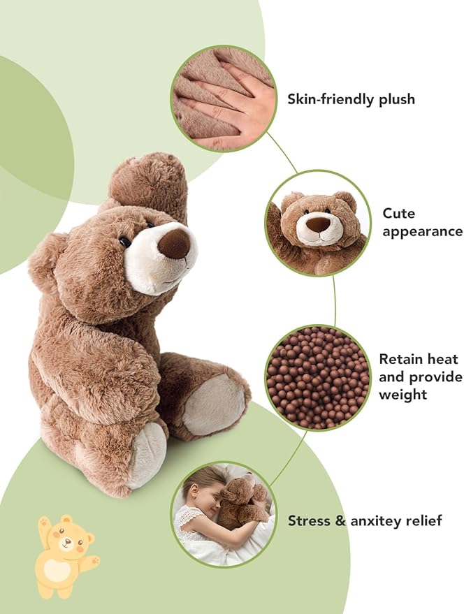 Weighted Plush Stuffed Animals,Microwavable Brown Bear Heated Stuffed Animal Heating Pads for Adults Kids, Plush for Stress Relief for Boys Girls Birthday Parties Supplies Favor Stocking Stuffers
