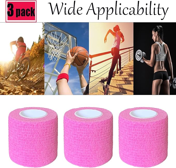 3 Pack 2 Inches Self Adhesive Bandage Wrap Vet Wrap for Pets, Stretch Self Adherent Tape Cohesive Wrap for Athletic, Sports, Wrist and Ankle(Pink)