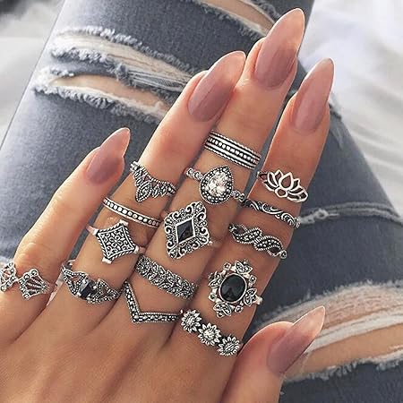 15Pcs Knuckle Rings, Bohemian Style Ladies Ring Rhinestone Inlay Non-fading Jewelry Opening Ring for Women Silver 1.7cm0.67"