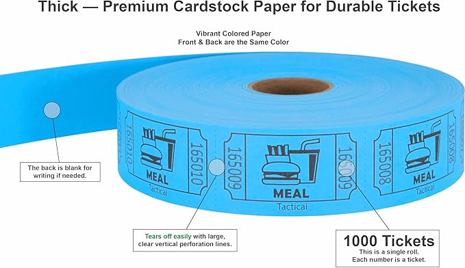 Tacticai 1000 Raffle Tickets, Meal, Blue (1 of 8 Colors), Single Roll, Ticket for Events, Food, Class Reward, Fundraiser Prizes