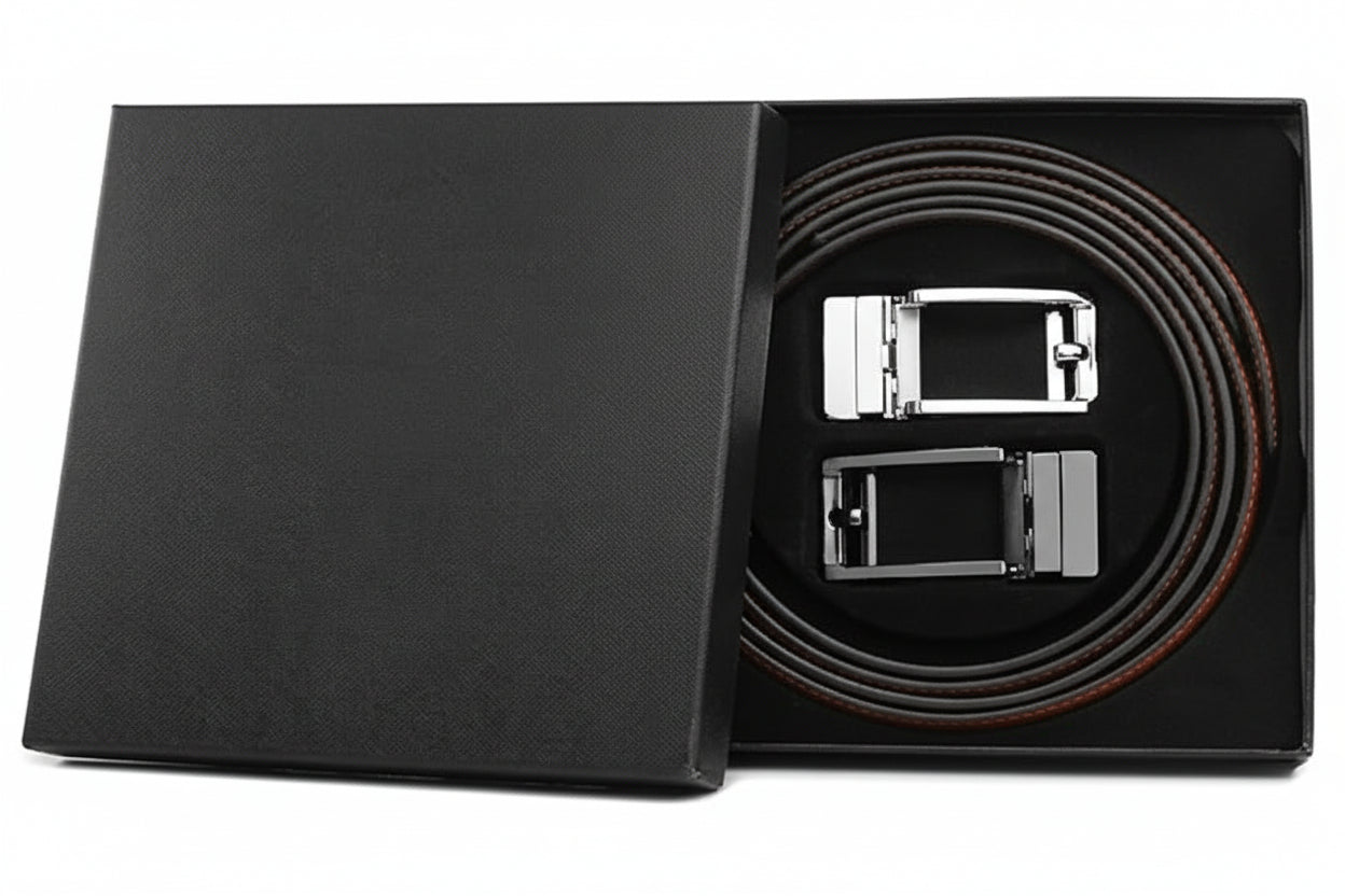 Ratchet Click Belt 2 Pack, Leather Slide Dress Comfort Belt Adjustable with Buckle Gift Set
