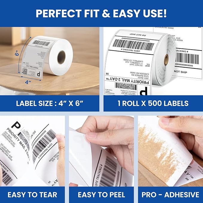 1 Pack of 500, 4x6 Thermal Direct Shipping White Label Roll for Mailing Perforated,Strong Adhesive, Commercial Grade Compatible with Printer Like Rollo, MUNBYN, Zebra, Polono,iDRPT