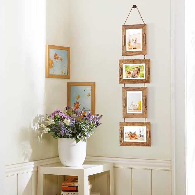 5x7 Picture Frames Rustic Solid Wood Hanging Picture Frames 4 Opening Photo Frame Display 4"x6" Pictures with Mat or 5"x7" Without Mat, 2 Pack Weathered Brown (1 frame missing its acrylic panel)