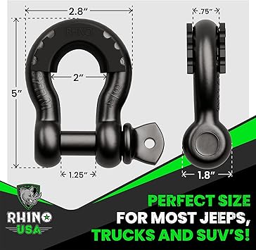 Rhino USA D Ring Shackles (2-Pack) - 41,850lb Break Strength Heavy Duty 34" Clevis Shackle with 78 Pin for Towing Off-Road Use - Pairs with Tow Strap for Vehicle Recovery (Black)