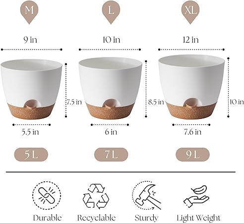 Plant Pots 12109 inch Set of 3, Self Watering Flower Pots Indoor Outdoor, Planters with Drainage Hole Saucer Reservoir, White