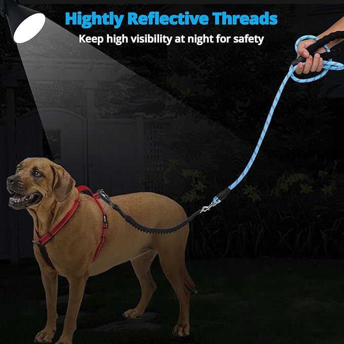 Long Dog Leash 15 FT: Heavy Duty Rope Leashes for Dogs Training with Swivel Lockable Hook Reflective Threads Bungee and Padded Handle - Dog Lead for Large Small Medium Dogs Outside Walking Hiking Blue
