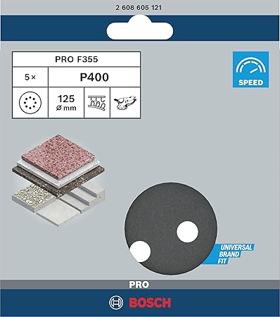 Bosch 2608605121 125Mm P400 5 PCE F355 Sanding Discs Stone Velcro 8 Hole