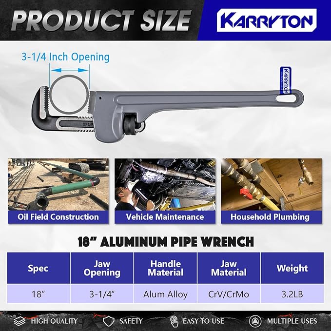 18 Inch Aluminum Pipe Wrench, 3-14"83mm Adjustable Cr-Mo Jaw Opening Heavy Duty Aluminum Straight Handle Plumbing Wrenches, Perfect Plumbers Tool Exceed GGG Standard