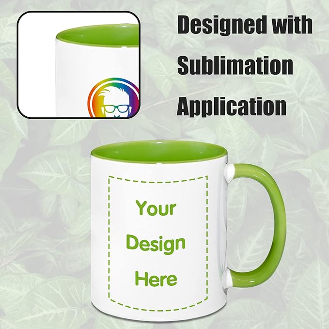 MR.R 11oz Sublimation Blank Coffee Mugs,Cup Blank White Mug Cup with Green Color Mug Inner and Handle,Set of 2