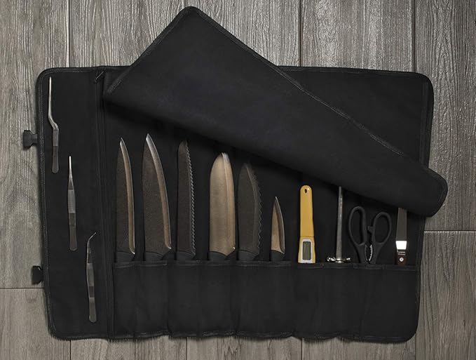 Asaya Canvas Chef Knife Roll Bag - 10 Knife Slots and a Large Zipper Pocket - Durable 10oz Canvas Knife Case with an Adjustable Shoulder Strap - Knives not Included