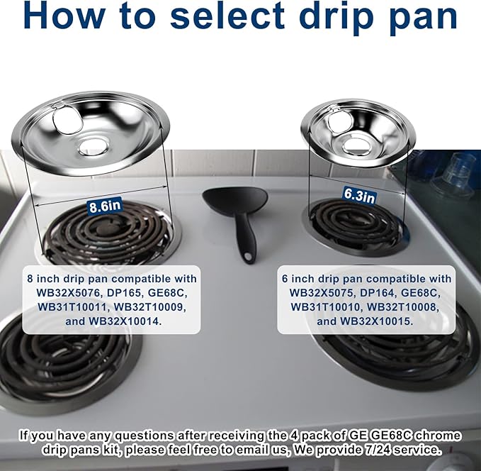 4 Pack GE68C Chrome 6" 2 x 8" Burner Drip Pan Bowls by PANDEELS- Fit for GE and Hot-point Electric Ranges