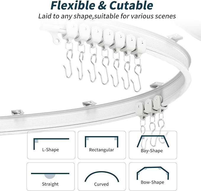 Flexible Bendable Ceiling Curtain Track, 9.8ft (3m) Curved, PVC, Metal, Plastic Stainless Steel, White, Ceiling Mounted