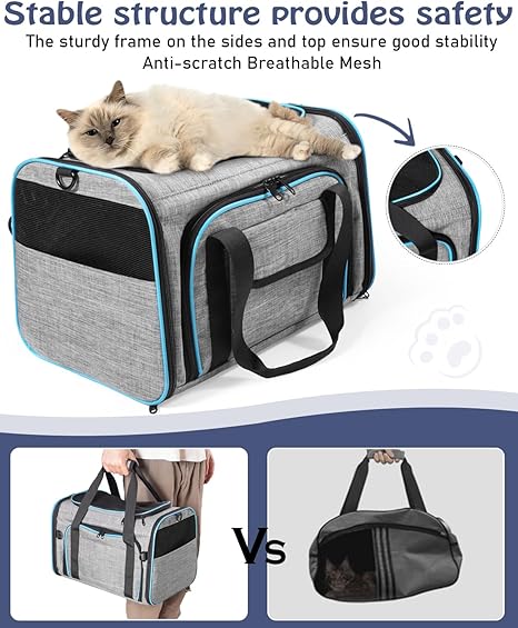 Siivton Cat Carrier,2 Sided Expandable Pet Carrier for Travel,Collapsible Soft-Sided Carriers with Removable Fleece Pad and Shoulder Straps,Airline Approved(17.5"x 11"x 11")