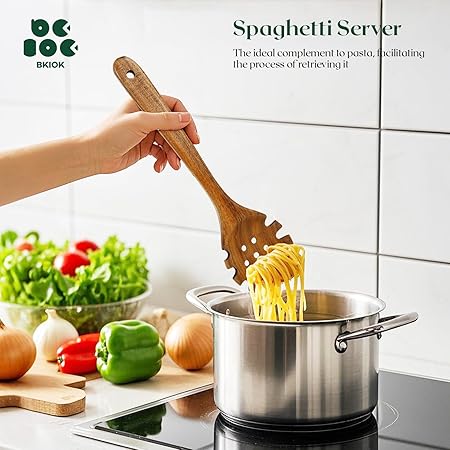 Natural Nonstick Teak Wood Pasta Fork, Noodle Spaghetti Spoon Server, Handmade Strainer Slotted Spoon Skimmer Spoons