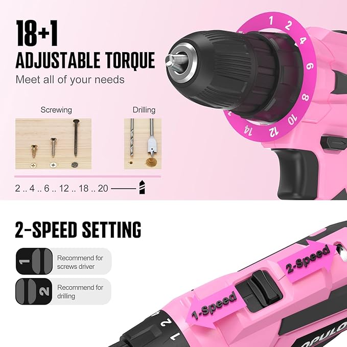 populo Pink Tool Kit 236-Piece with Cordless 20V 2000mAh Power Drill Driver, Lady's Basic Home Tool Set with 12-Inch Pink Tool Bag, Electric Drill Sets Combo Kit for Women, House, DIY