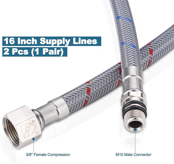 WOWOW 16" Length Faucet Supply Line, Bathroom Kitchen Faucet Lines Braided Nylon Sink Hose,cUPC Faucet Supply Lines 38" Female Compression Thread M10 Male Connector 2Pcs (1 Pair)