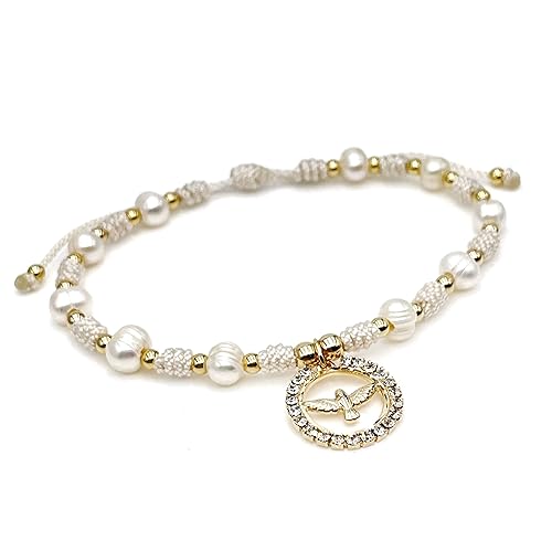 Holy Spirit 18K Gold Plated CZ Pendant on Dainty Pearls Bracelet Charm Catholic Gift Of Hope For Women and Teens