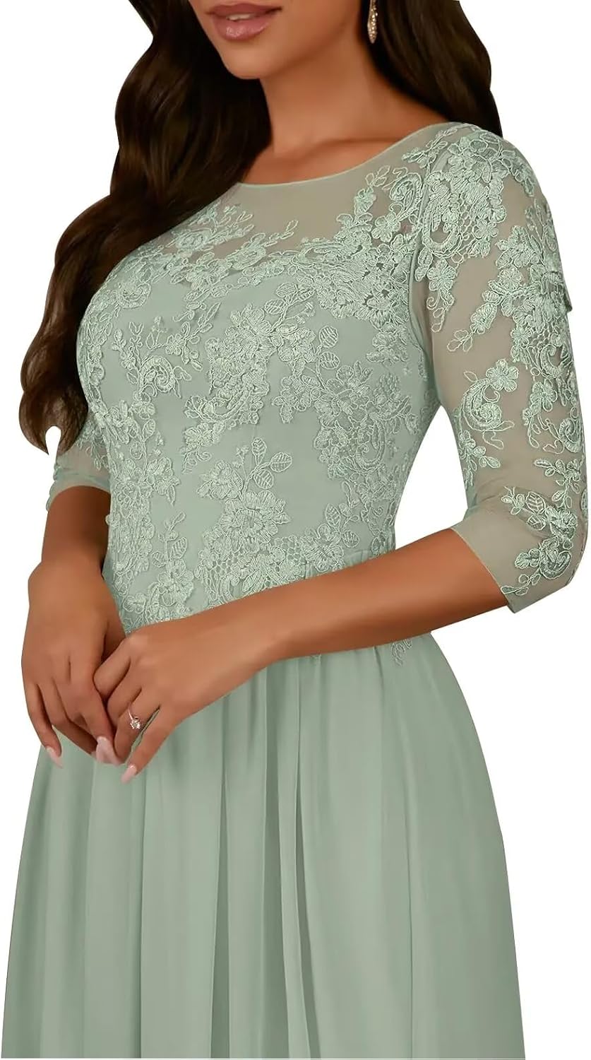 DMCDBHY Women's Chiffon Mother of The Bride Dress Lace Applique 3/4 Sleeve Formal Evening Gown