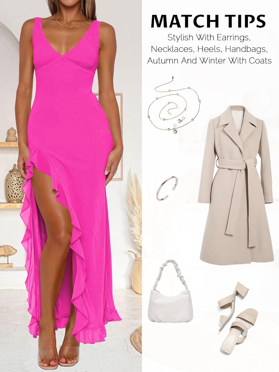 Sleeveless, backless maxi dress with sexy v-neck, high slit, and mesh ruffle hem for chic, romantic look.