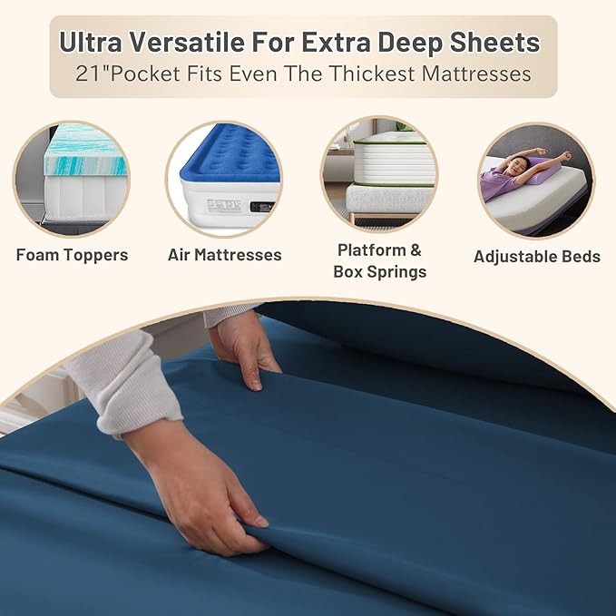 MEISHANG Extra Deep Pocket Cotton Sheets Queen Size, Fits 18"-24" in Deep Mattress, 100 Egyptian Cotton 800 Thread Count, Hotel Style Percale Sheet - Navy