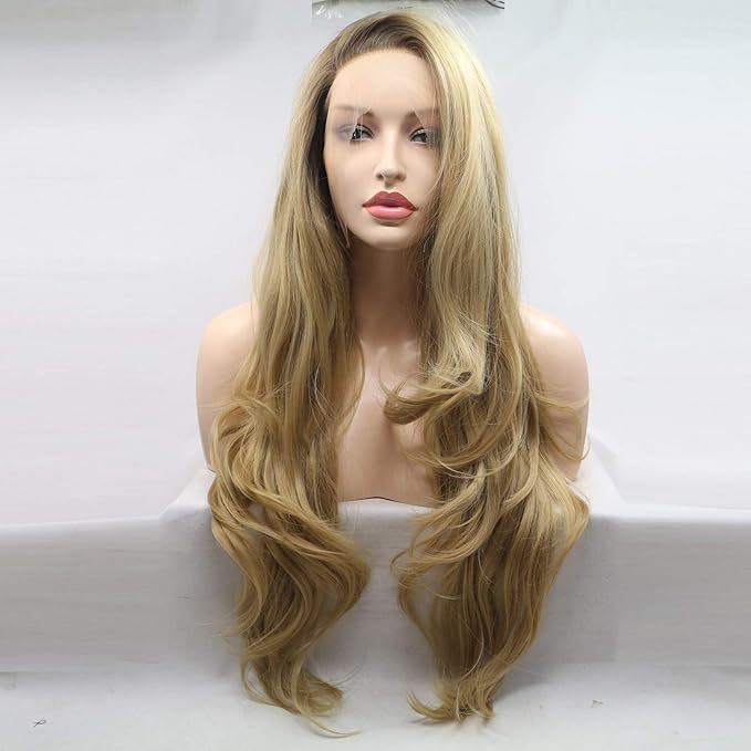 Xiweiya long blonde synthetic lace front wigs wavy side part wavy wig brown root long blonde wavy wig hair replacement wig for women, drag queen makeup 24 inch (24")