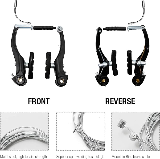 2 Pairs Bike Brake Set, Universal Complete V Bike Brakes Set for Most Mountain Bicycle, Including Road Bike Brakes Cables, Front Back Wheels End Caps,End Ferrules-Black