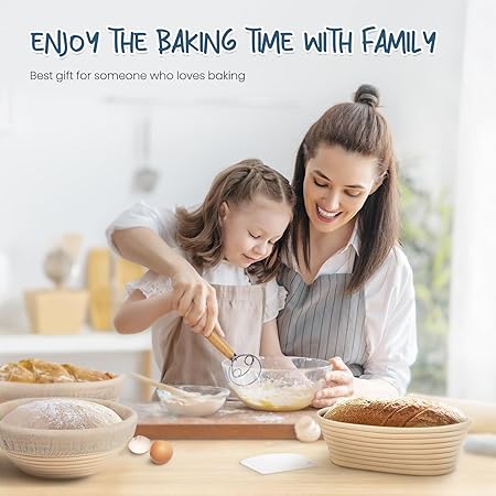 RORECAY Bread Banneton Proofing Basket Set, 9 Inch Round 10 Inch Oval Cane Sourdough Baskets with Dough Whisk Bread Lame Dough Scraper Bowl Scraper Silicone Brush Sourdough Bread Baking Supplies