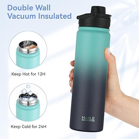 HASLE OUTFITTERS Insulated Water Bottle 22 oz Double Wall Stainless Steel Water Bottle Wide Mouth with Straw Lid Spout Lid Keeps Cold or Hot(Green Blue Gradient,1)