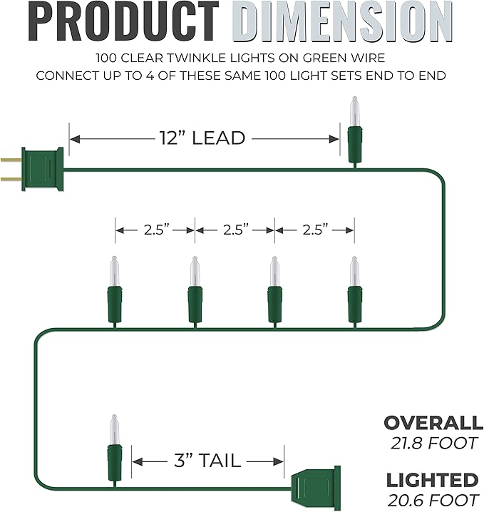 612 Vermont 100 Clear Christmas Lights, 12 Lights Twinkle, Indoor and Outdoor Use, Connect up to 4 Sets, Lighted Length 20.6', Total Length 21.8'