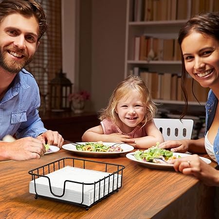 Napkin Holder for Table, Napkin Holders for Paper Napkins, Flat Metal Black Napkin Holders for Kitchen Dining Table, 6.9" x 6.9" x 2.2" Inside Size (Black)