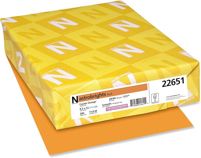 Neenah Astrobrights Color Paper, 8.5 x 11, 24 lb89 gsm, Cosmic Orange, 500 Sheets (22651)