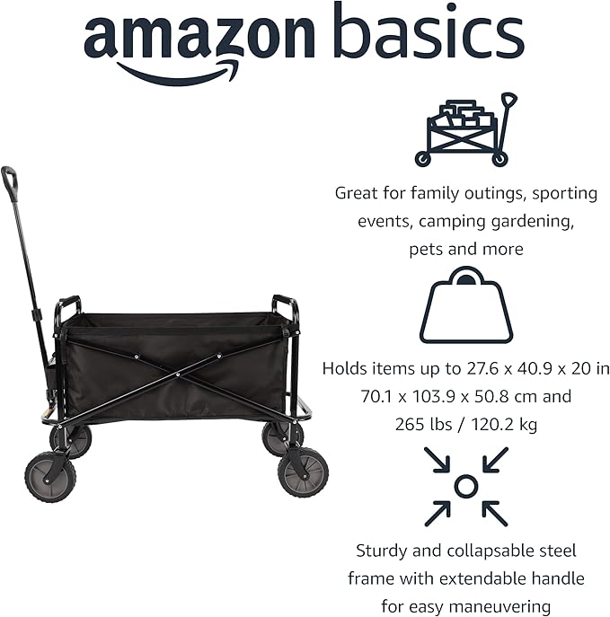 Basics Collapsible Folding Outdoor Utility Wagon for Sports, Garden, Camping, and Shopping, Heavy Duty, Large Capacity, Black