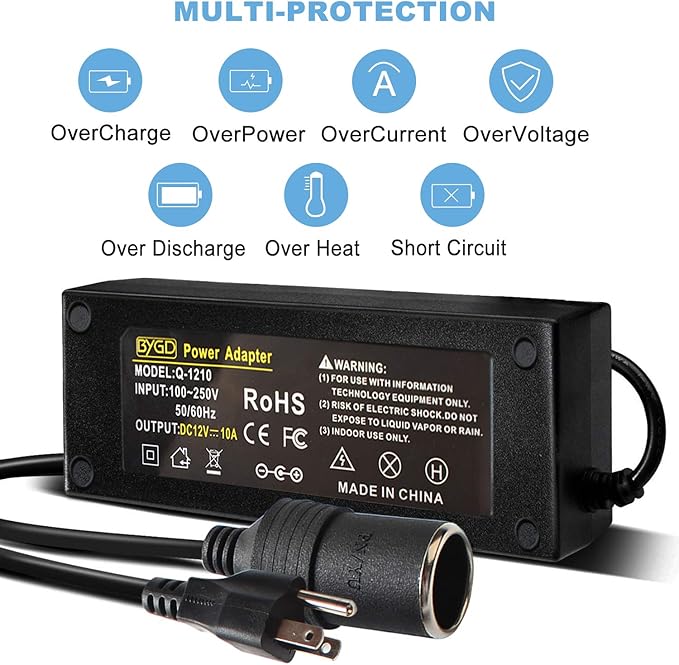BYGD 12V 10A Car Power Adapter, AC to DC Converter Female Auto Cigarette Lighter Plug 100V 240V 120W Power Supply Adapter Transformer for Car Vacuum Cleaner, and Other Car Devices