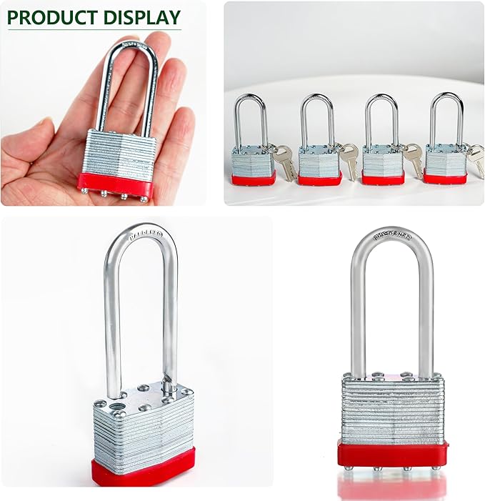 Pack of 4 Keyed-Alike Padlocks with Same Keys Long Shackle Hardened Steel Padlock with 8 Keys for Sheds Gates Fences Toolbox