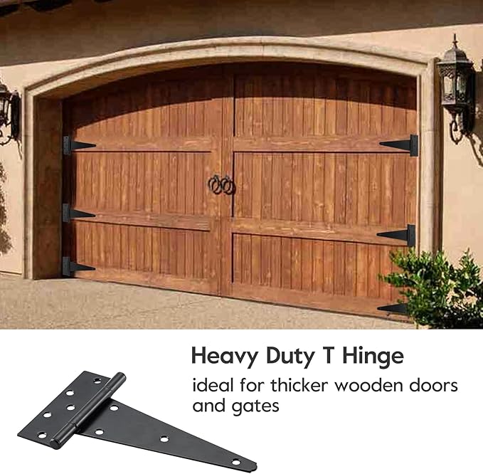 HOME MASTER HARDWARE 10 Inch T-Strap Heavy Duty Black Hinges for Outdoor Barns and Wooden Fences, 2Pack with Screws