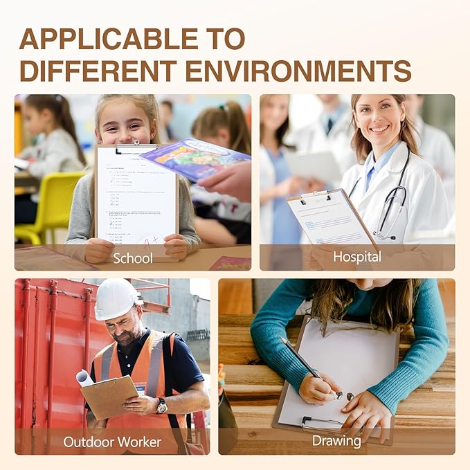 Happyhapi 10 Pack 9" x 12.5" Wooden Hardboard Clipboards with Low Profile Clip, A4 Clip Boards for Office, Home, Classroom
