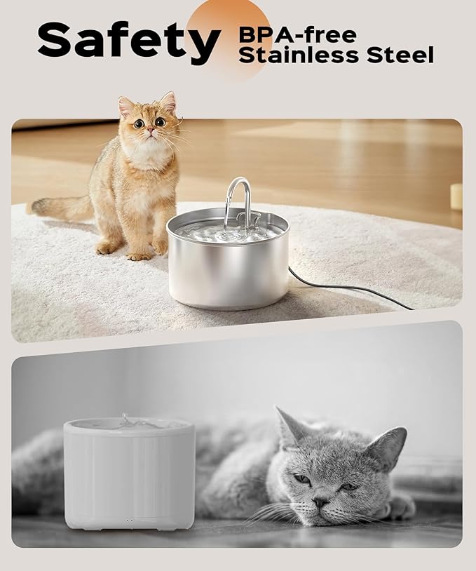 Cat Water Fountain Stainless Steel 8 filters 8 Sponges - Pet Water Fountains Faucet Metal Automatic CatDog Waterer Bowls Pets Watering Running Bottle Water Dispenser for Drinking Ultra Quiet Pump