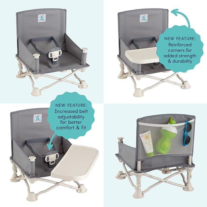 hiccapop OmniBoost Travel Booster Seat with Tray for Baby, Dining Table, Camping, Beach, Grandmas Folding Portable Tip-Free Design Straps to Kitchen Chairs