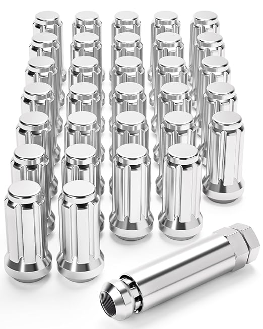 OMT M14x1.5 Wheel Lug Nuts 32 Pack, Chrome Lug Nuts 2 inches Tall Spline Drive Cone Seat with Socket Compatible with Ford F250 F350 Super Duty, Chevy Silverado 1500 2500HD and GMC Sierra