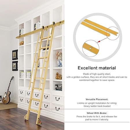 Rolling Ladder Hardware Kit - Steel Sliding Library Ladder Track 10ft Retractable Rolling Library Ladder Track Bracket Tensible Rolling Hardware Stand Up for Entertainment Units