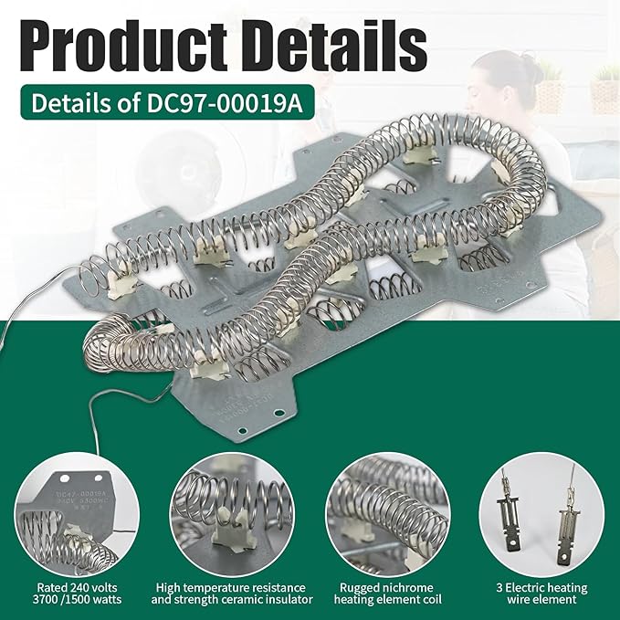 DC47-00019A Dryer Heating Element Replace 35001247, AP4045884,AH2038533, Fit for Dryer Model DVE50R5400VA3 DVE50M7450WA3 DV40J3000EWA2 DV42H5200EPA3