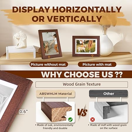 5x7 Oak Picture Frame with Mat for 4x6, Solid Wood Photo Frame for Wall or Tabletop Display, Unqiue Gift for Wedding Birthday Christmas (Brown, 1pc)