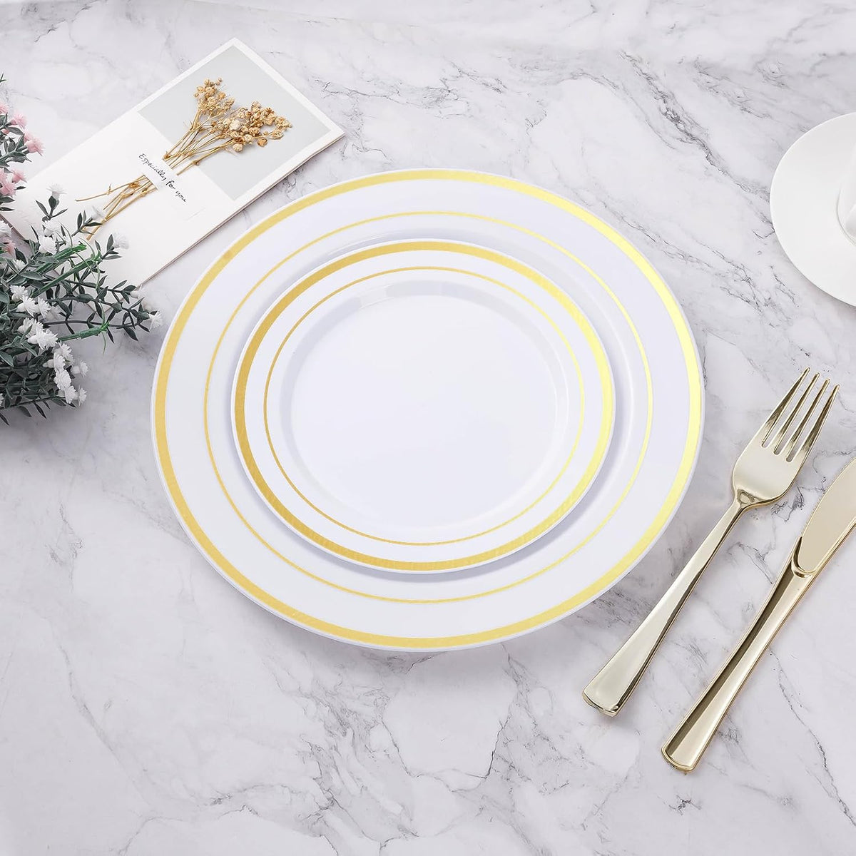 BESTVIP 25PCS Gold Plastic Plates, 10.25 Inch Disposable Dinner Plate Party with Gold Rim, Heavy Duty Disposable Plastic Plates for Christmas, Thanksgiving, Party, Wedding and Birthday