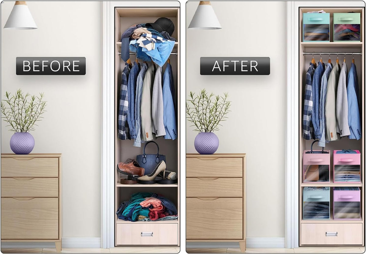 Sorbus Storage Bins with Clear Window, 6 Pack (11", Pastel Multi-Color 2) Foldable baskets with carry handles and sturdy collapsible fabric construction for clothes, books and shelves.