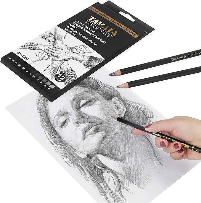 RVOGJP TAMATA Professional Drawing Sketching Pencil Set - 12 Pieces Art Graphite Pencils(12B - 4H), Ideal for Drawing Art, Sketching, Shading, for Beginners & Pro Artists
