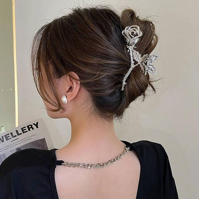 Elegant Rose Metal Non-Slip Hair Claw Clips for Thin and Thick Hair - Fashionable Flower Hair Accessories for Women and Girls (Silver Rose)