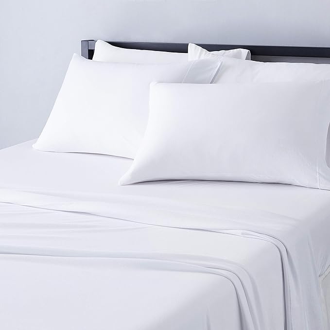 Basics 4 Piece Bed Sheet Set, 100 Cotton Jersey, Includes Super Soft, Flat and Fitted Sheets, Pillowcase, King, White, Solid