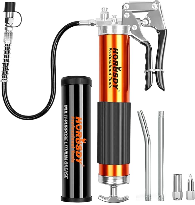 HORUSDY Heavy Duty Grease Gun with 14oz Grease Tubes Grease Gun Flexible Hose 7000 PSI 18 Inch Spring Flex Hose 2 Working Coupler 2 Extension Rigid and 1 Sharp Type Nozzle Included