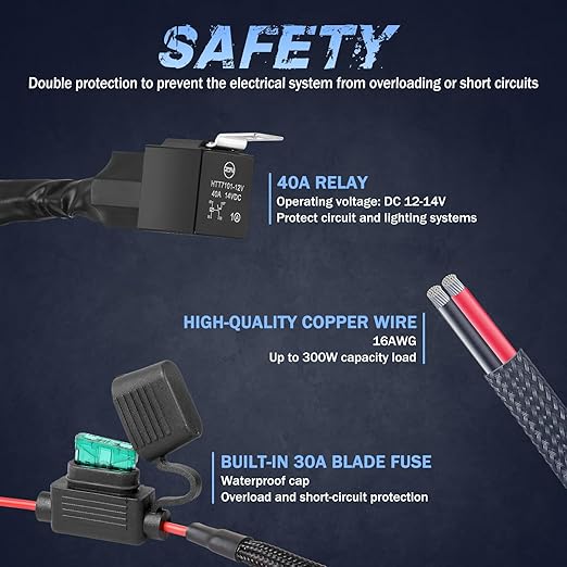 Wiring Harness 2 Lead, Fastchoy Auto 12v Nylon LED Light Bar Wiring Harness Kit for Fog Lights LED Pods Light Bars with 40A Relay Fuse Rocker Switch Automotive Wire Harness Kit for Truck UTV ATV